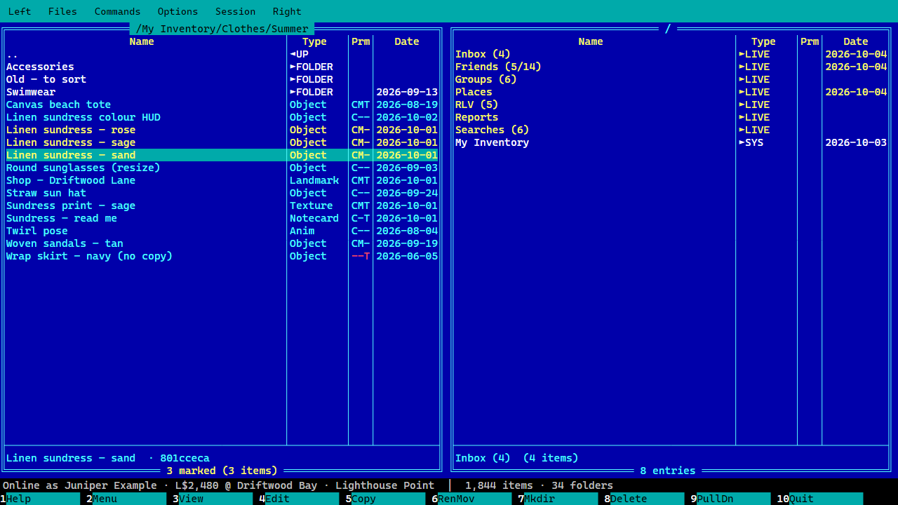 The main window: two panels, folders on the left, live folders like Inbox and Friends on the right