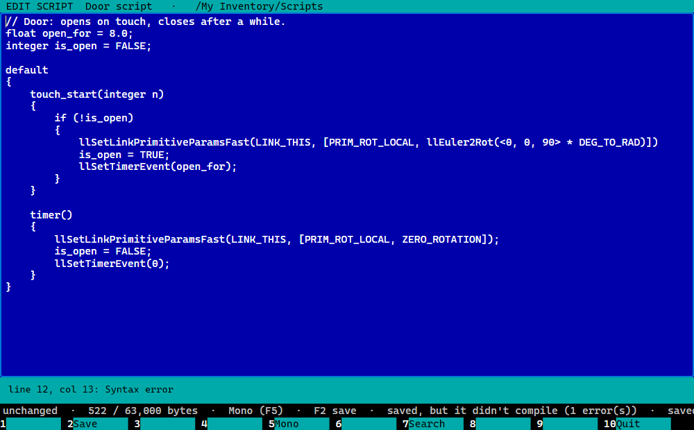 Editing a script, with a compile error listed